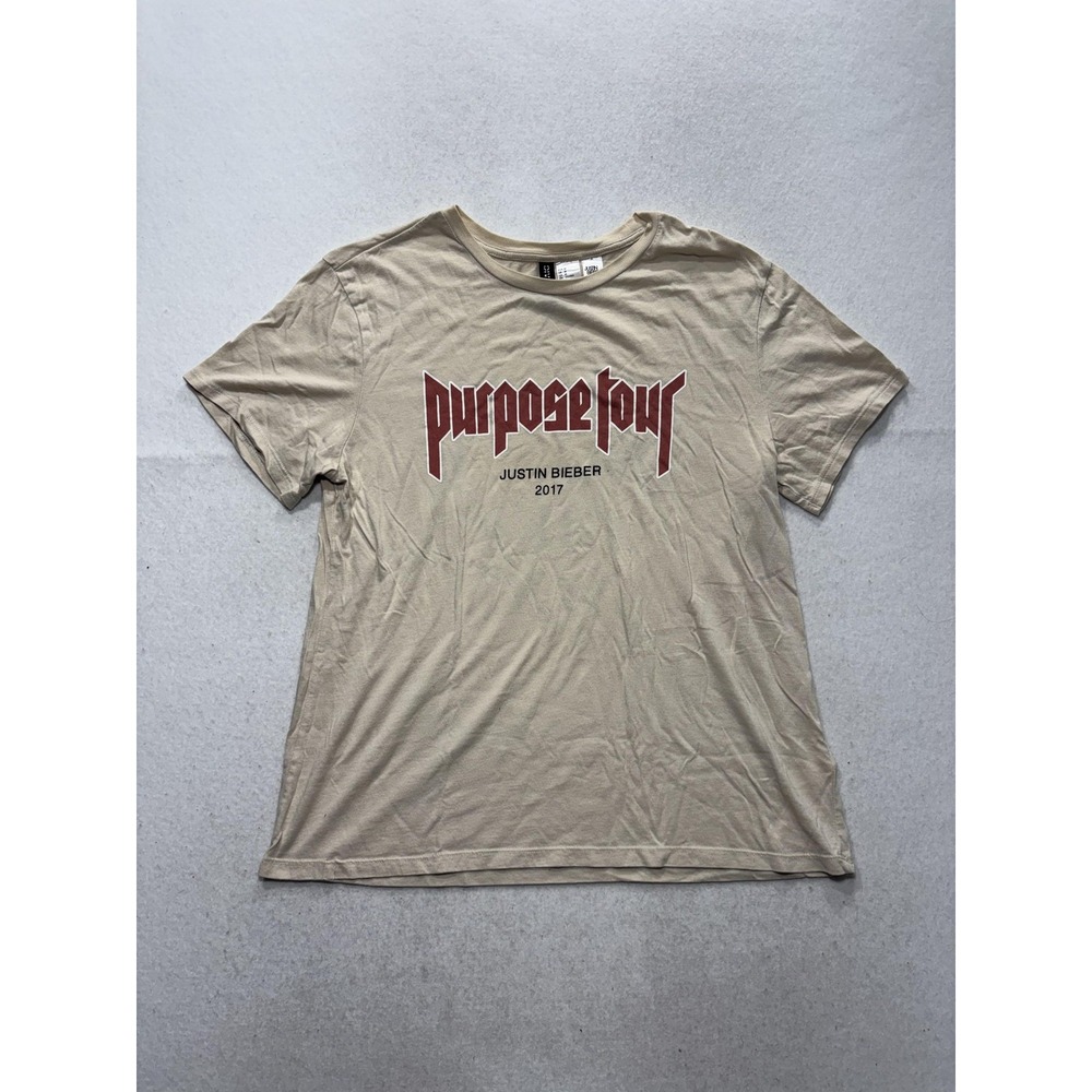 H&M Shirt Mens Medium Beige Justin Bieber Purpose Tour 2017 Graphic Concert Tee